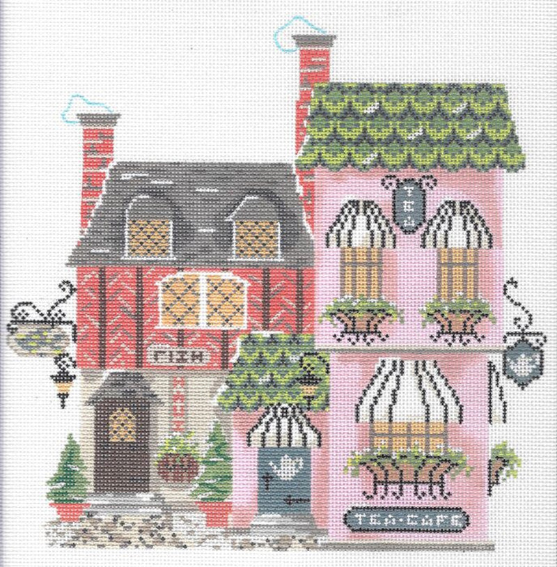 Needlepoint Handpainted KELLY CLARK Village Tea Cafe w/ Stitch Guide