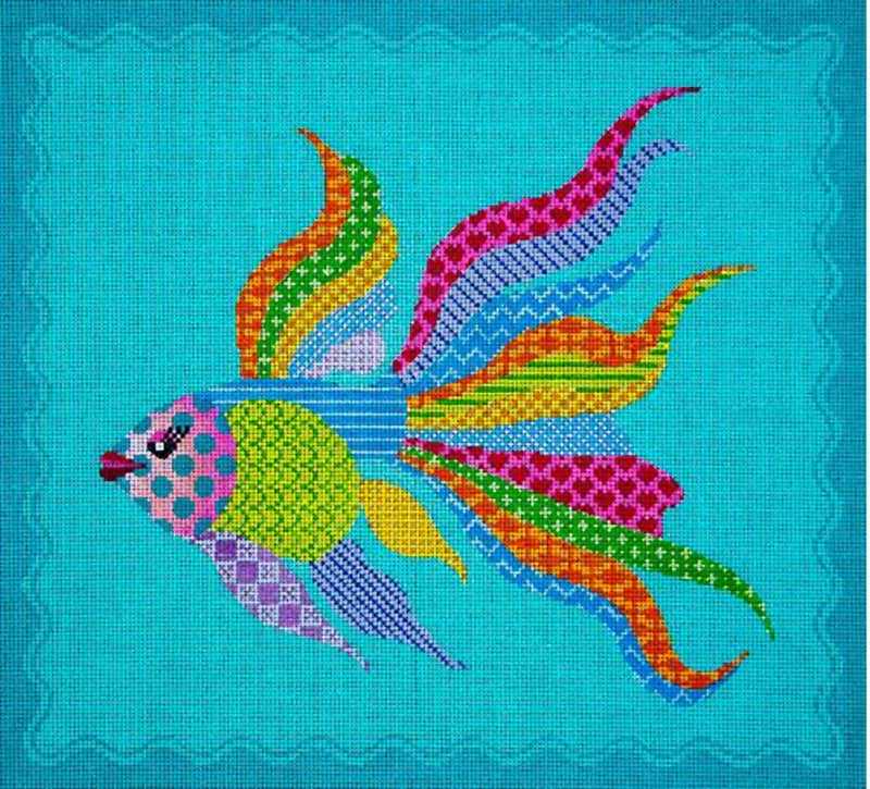 Needlepoint Handpainted JP Needlepoint Wacky Pink Fish 11x10