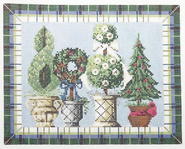 Needlepoint Handpainted Kelly Clark Winter Topiaries w/ Stitch Guide 10x8