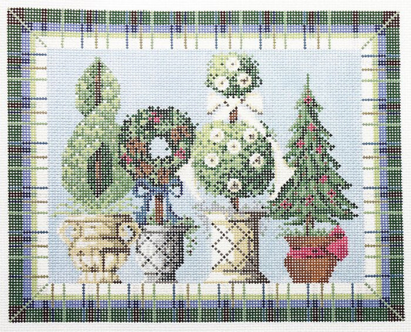 Needlepoint Handpainted Kelly Clark Winter Topiaries w/ Stitch Guide 10x8