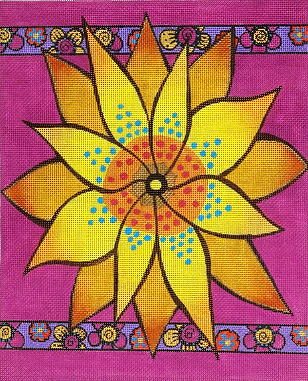 Needlepoint HandPainted DANJI Yellow Flower Purple Borders 9x11